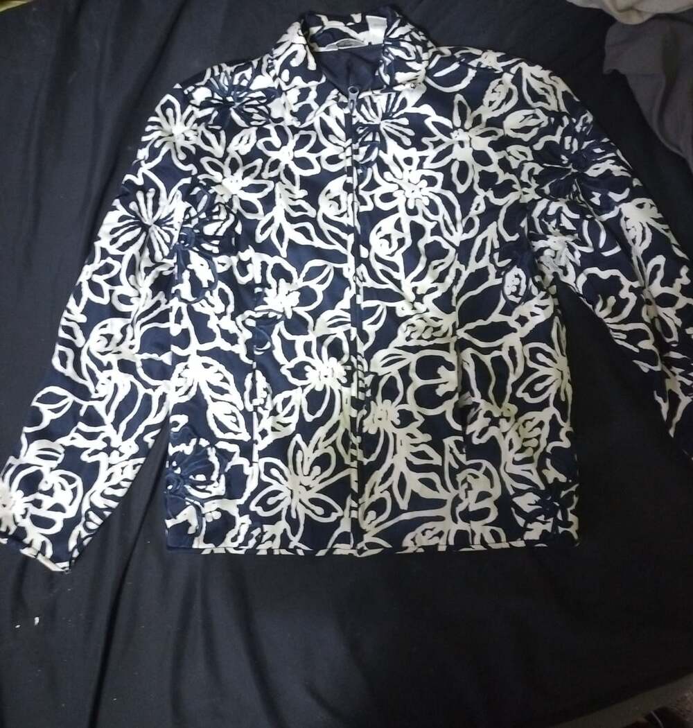 Laura Ashley Petite Navy Blue White Floral Embroidered Full Zip Jacket PS